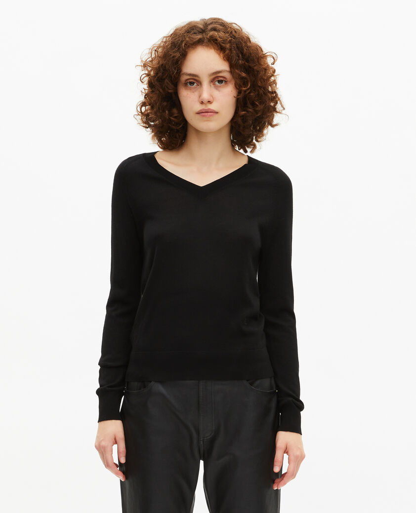 The Kooples FEMME BLACK pull col v en laine mérinos noir