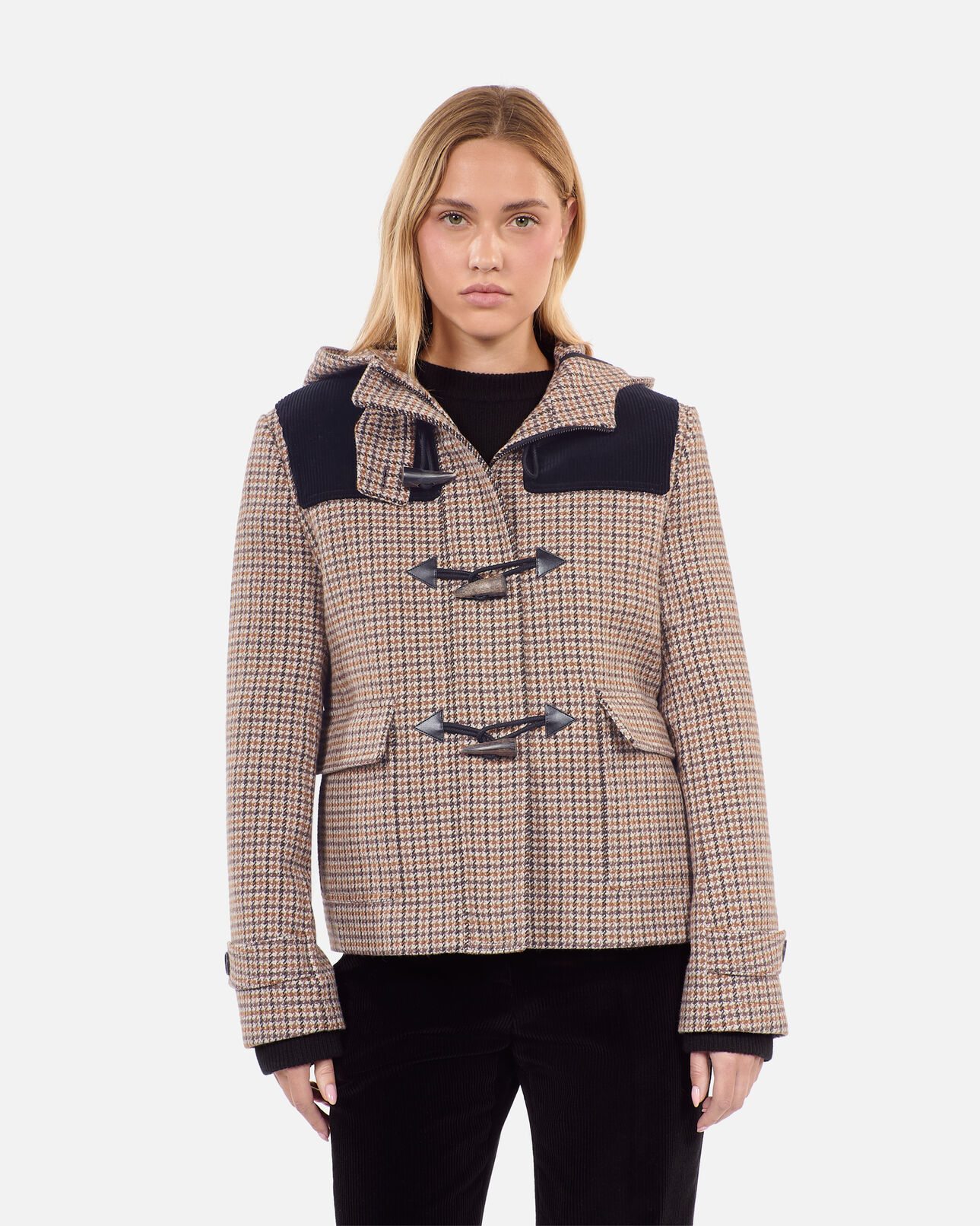 The Kooples FEMME BEIGE-BROWN caban à capuche pied de poule beige