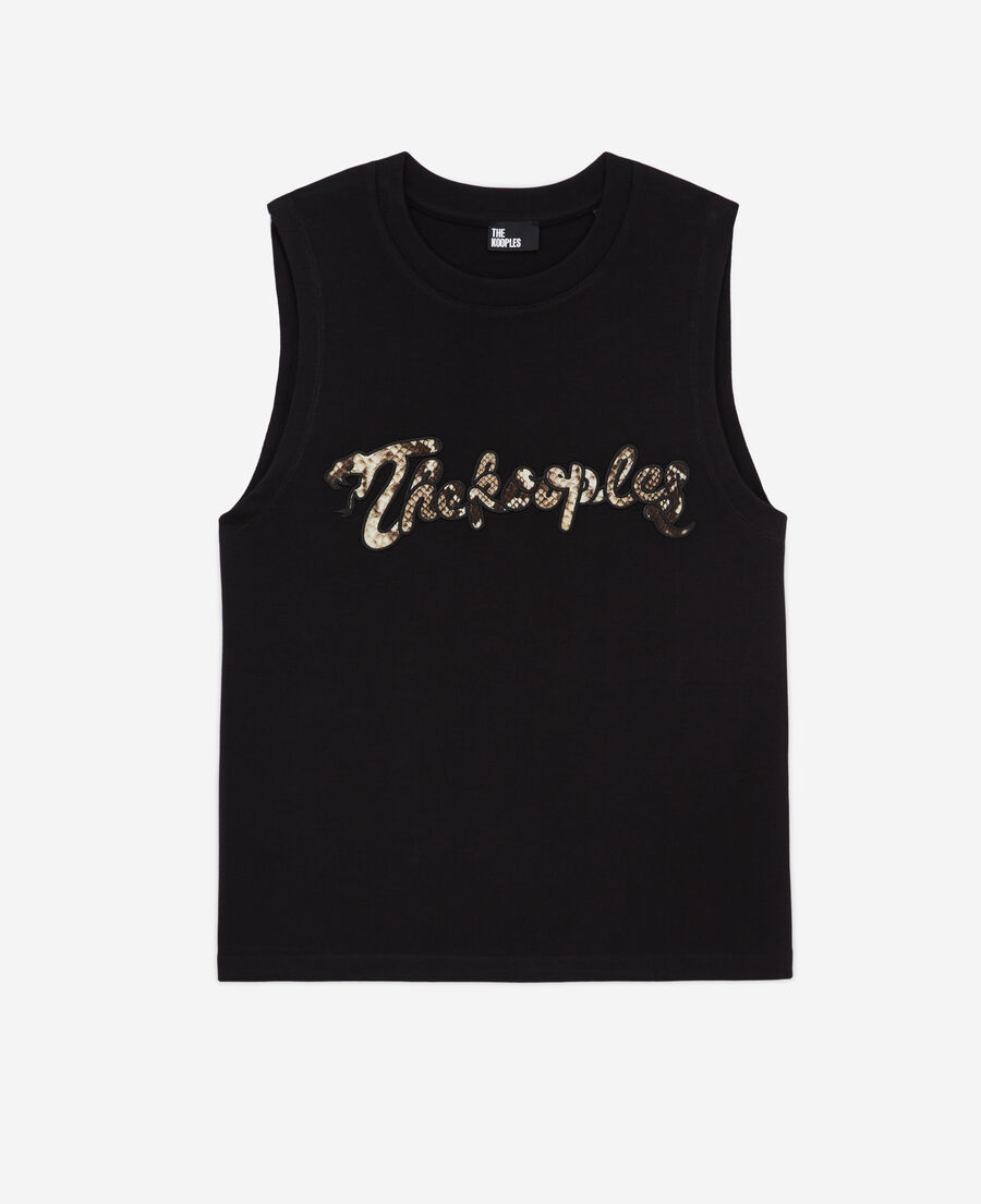 women's black t-shirt with snake logo print