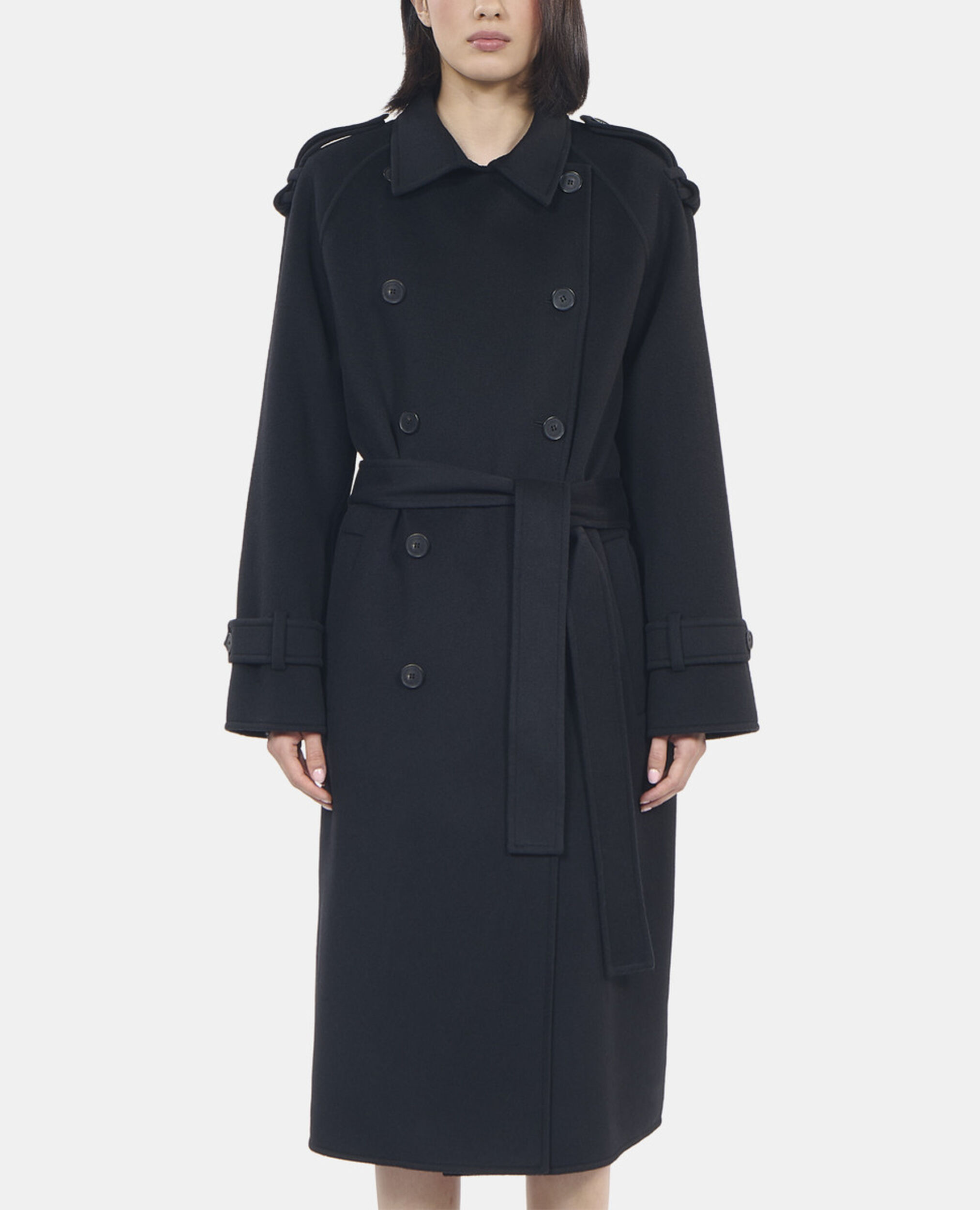 Manteau en laine style trench noir, BLACK, hi-res image number null