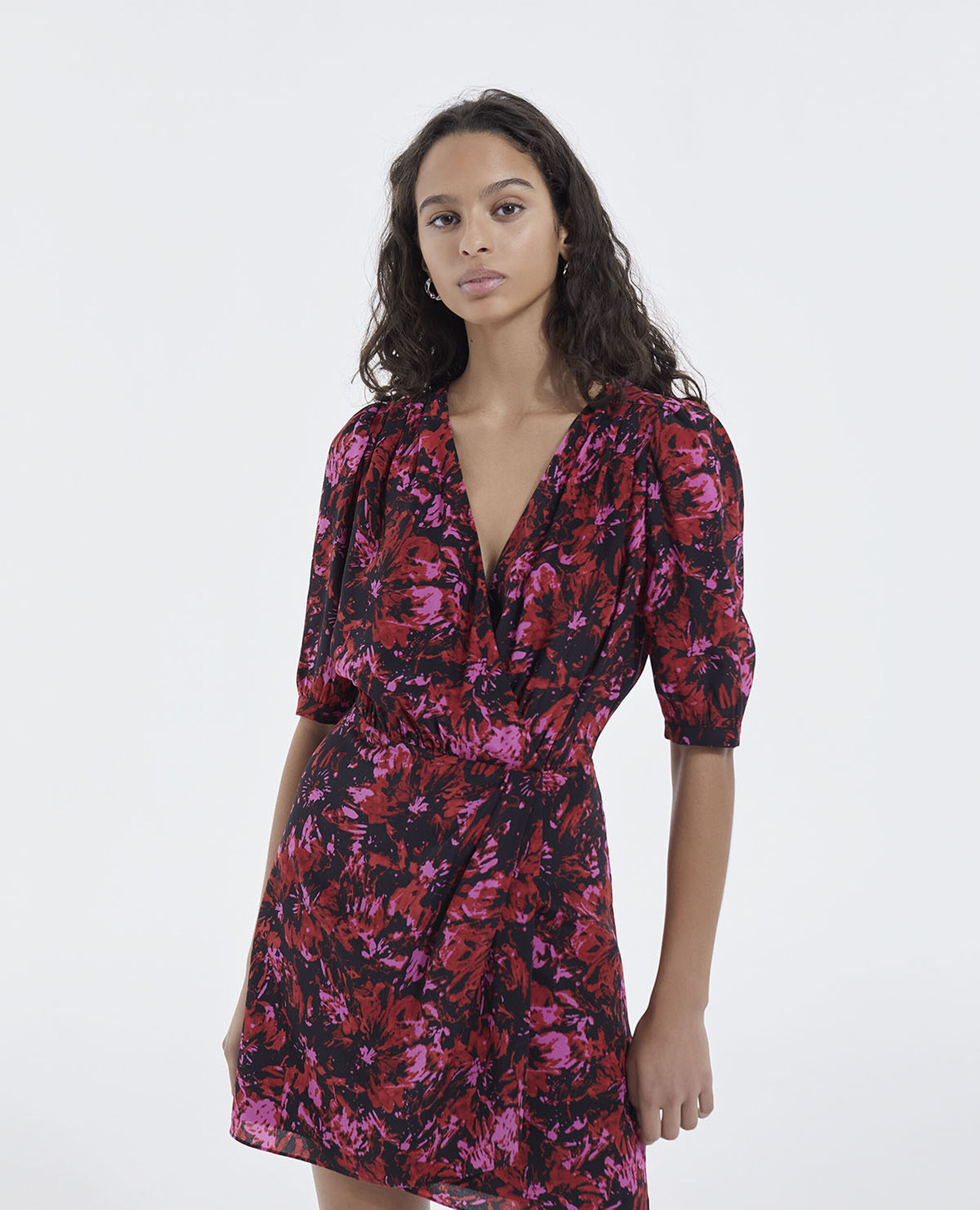 Red printed short dress with crossover neck, PINK, hi-res image number null