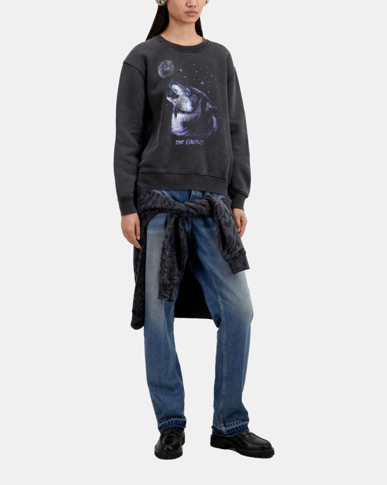 The Kooples WOMEN BLACK WASHED women's black sweatshirt with wolf serigraphy