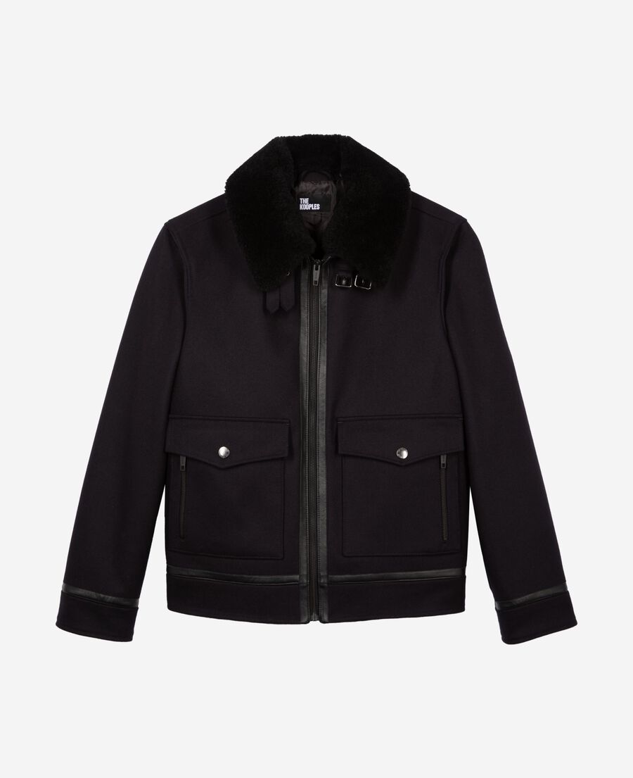 The Kooples MEN NAVY navy wool jacket with sherpa collar