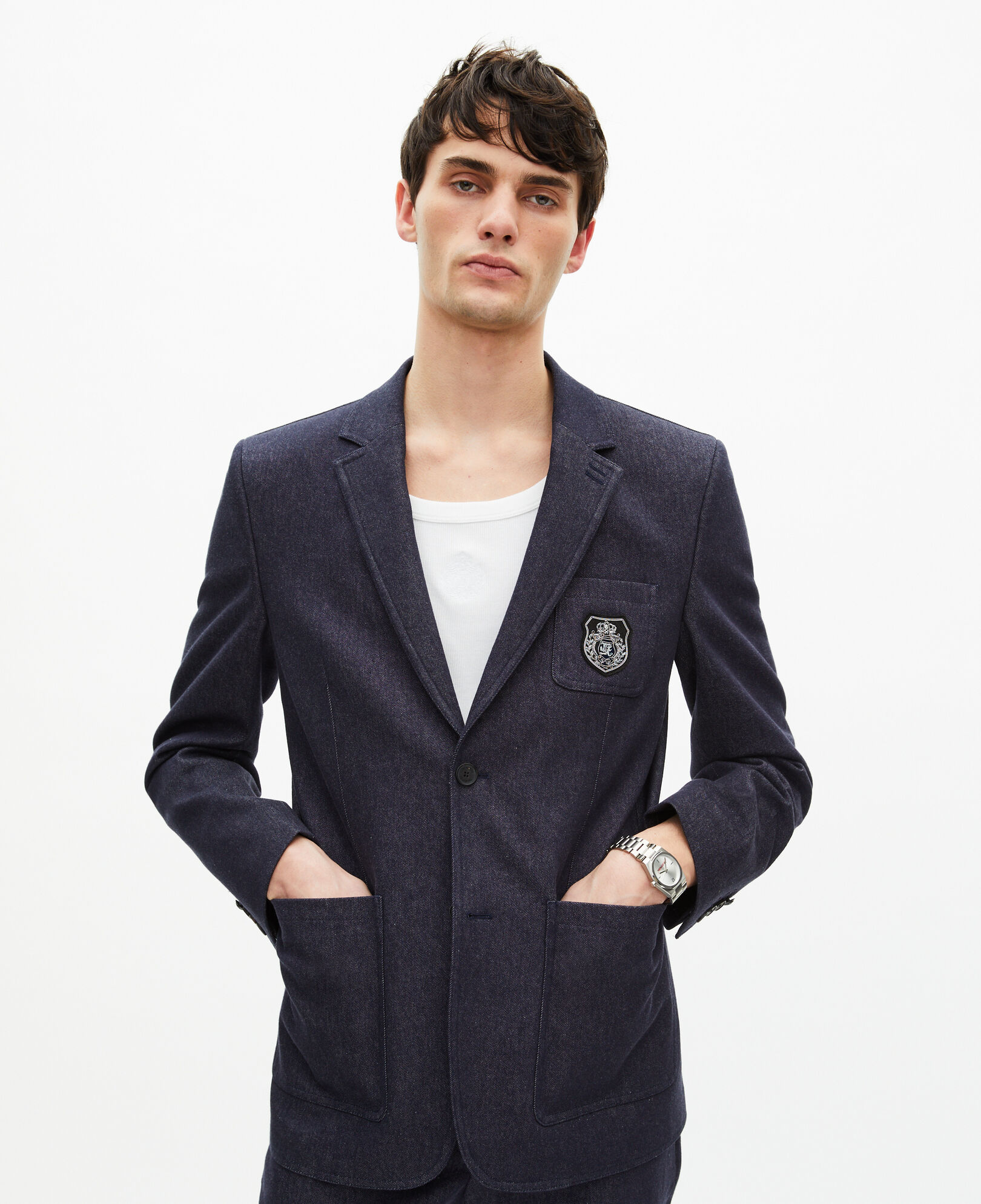 The Kooples MEN NAVY blue denim-effect suit jacket