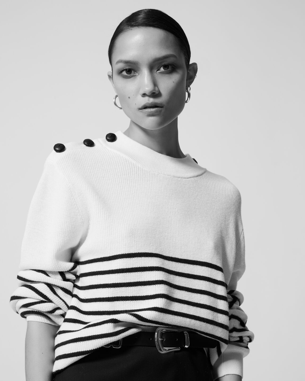 The Kooples FEMME ECRU pull marinière laine écrue boutons cuir