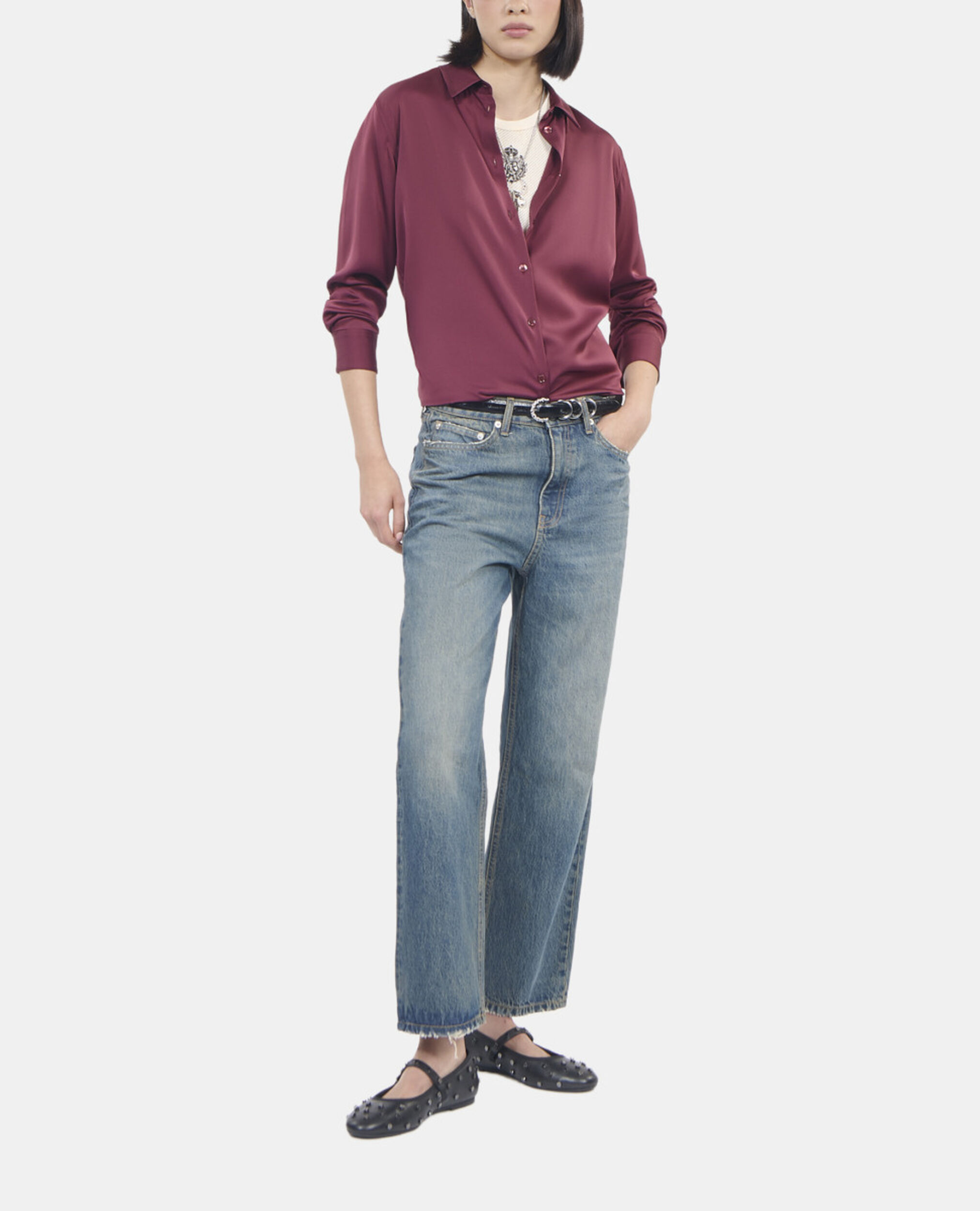 Burgundy silk shirt, BURGUNDY, hi-res image number null