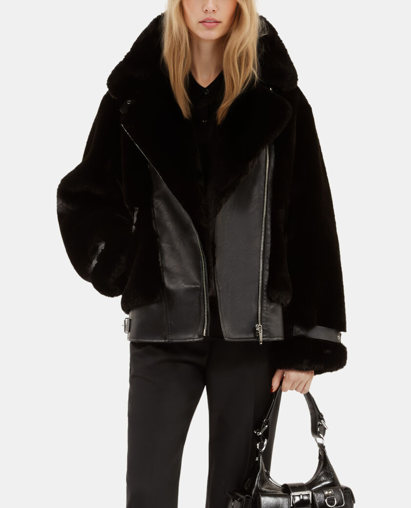 The Kooples FEMME BLACK blouson aviateur effet fourrure noir