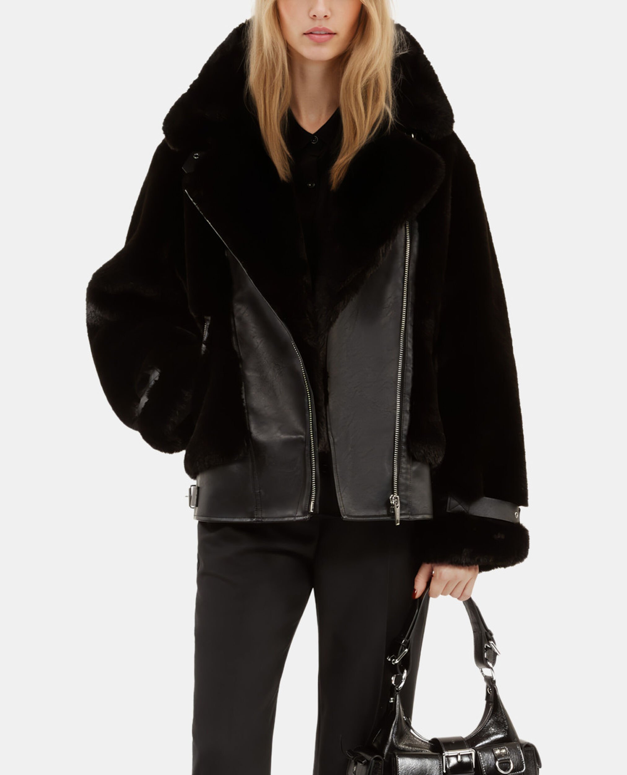 Black fur-effect aviator jacket, BLACK, hi-res image number null