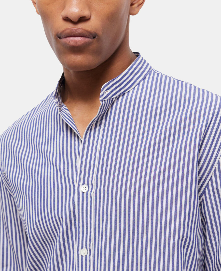 blue-striped shirt with officer collar