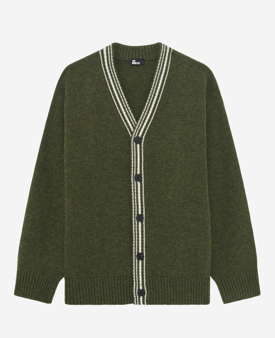 The Kooples H GREEN wool cardigan with khaki contrasting stripes