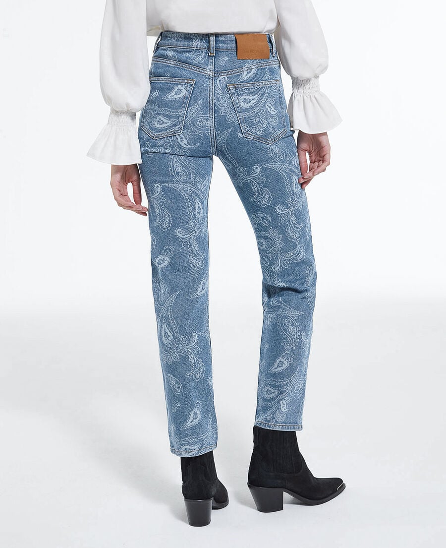 The Kooples FEMME BLUE DENIM jean droit cropped motif cachemire délavé