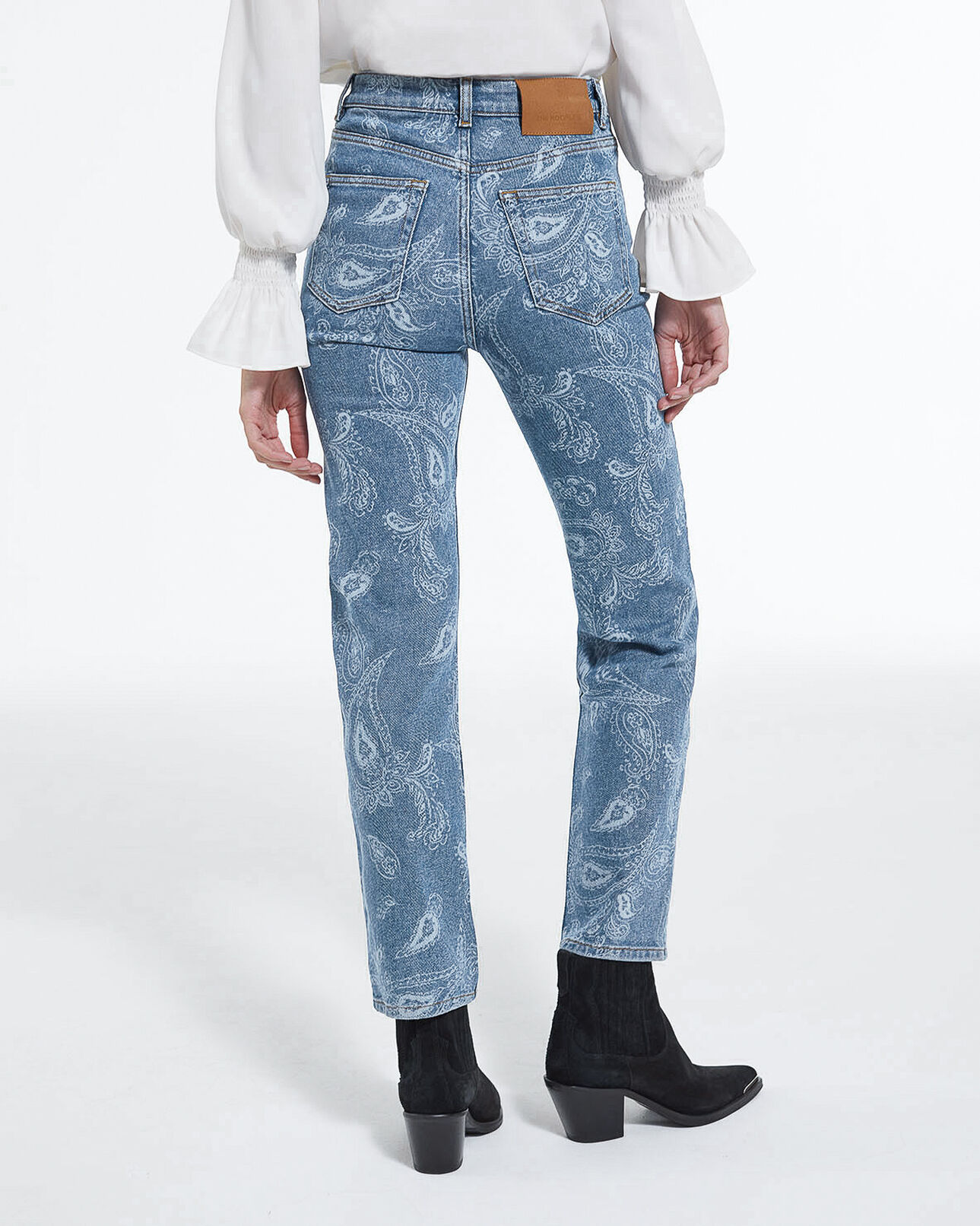 The Kooples WOMEN BLUE DENIM straight cropped jeans with faded paisley pattern