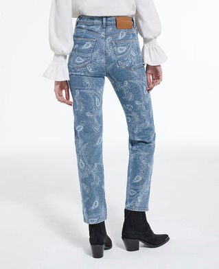 The Kooples FEMME BLUE DENIM jean droit cropped motif cachemire délavé