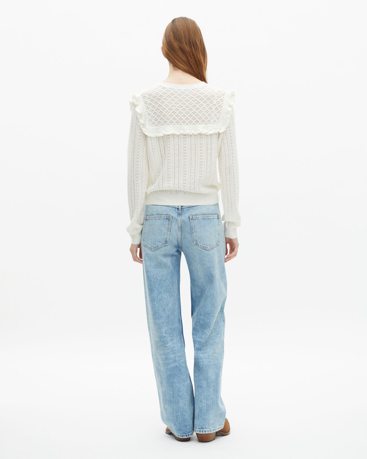 The Kooples F ECRU cardigan with ruffles in ecru merino wool