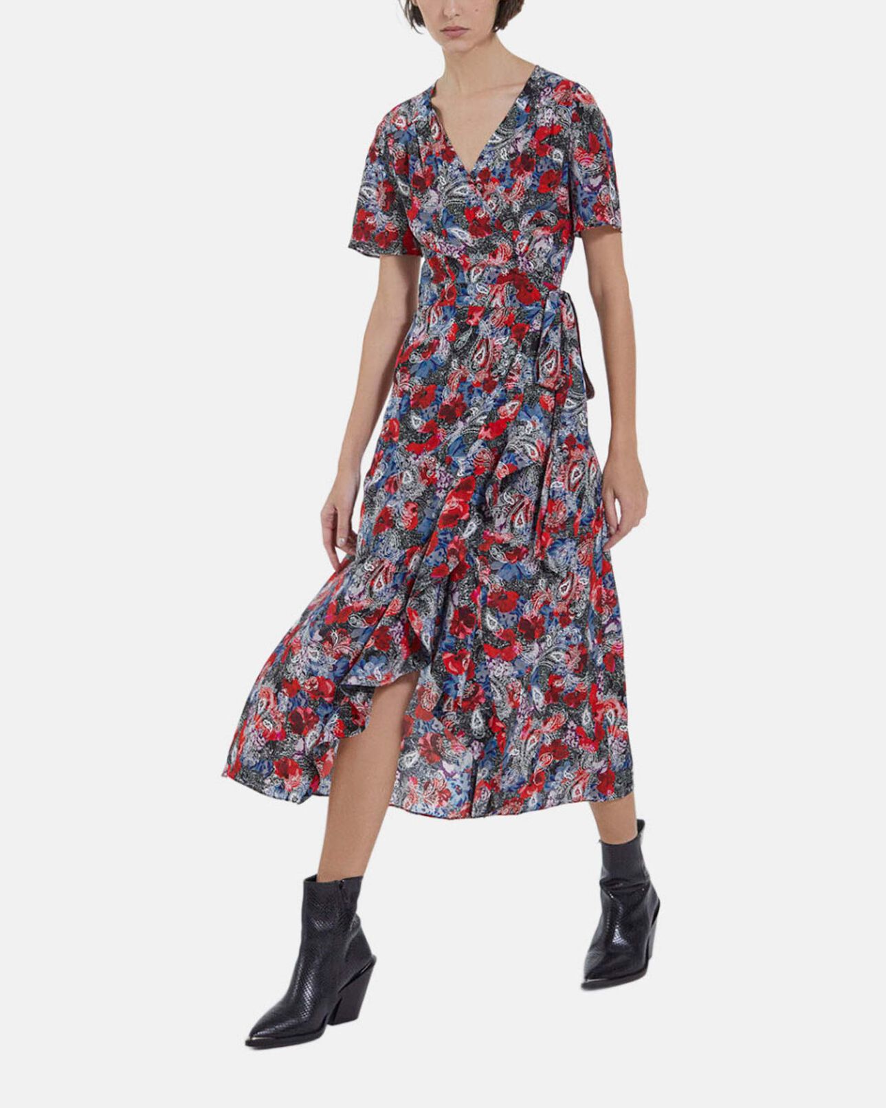 The Kooples MUJER RED vestido de seda rojo con estampado floral