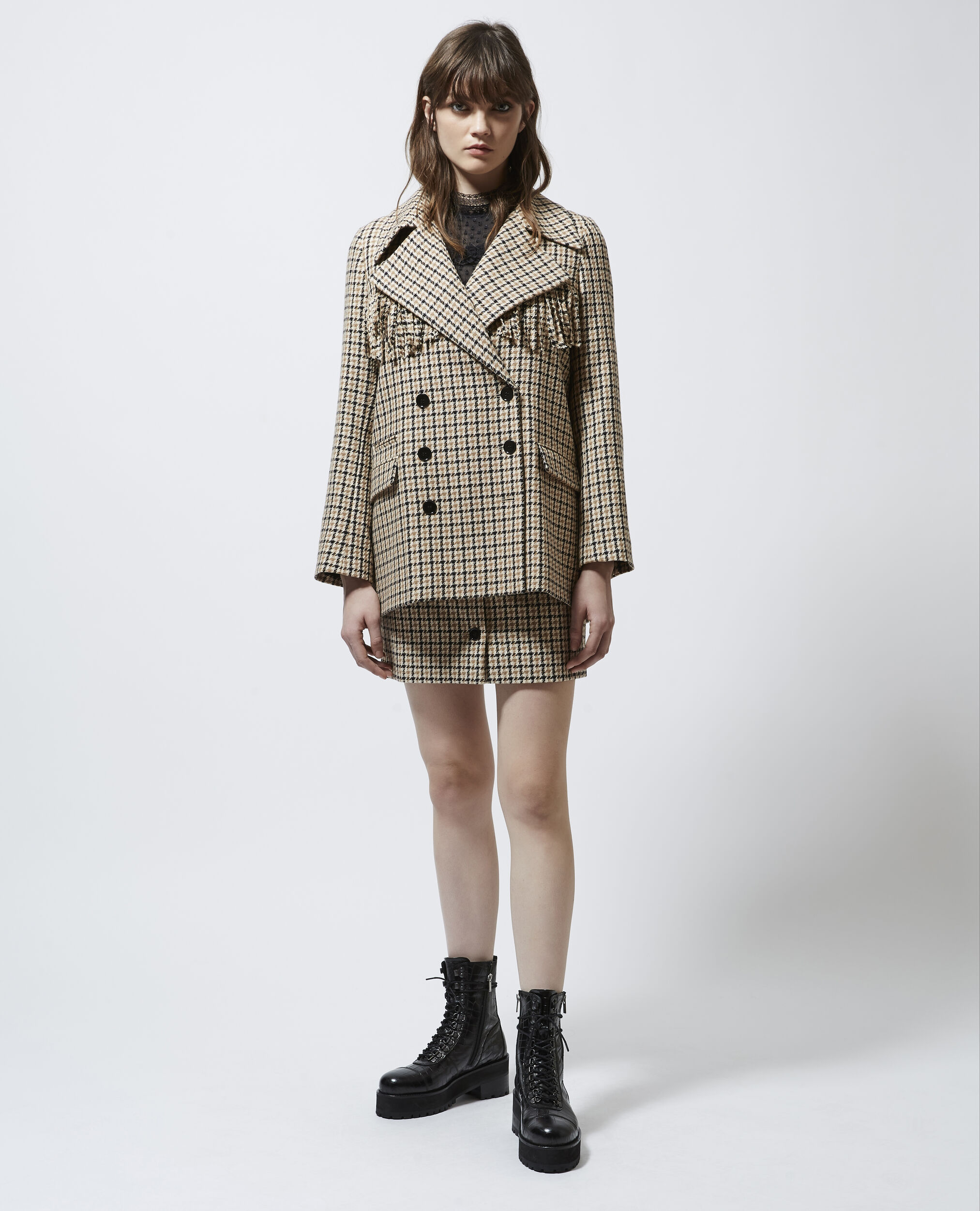 Patterned formal wool jacket with fringing, BEIGE / BROWN / BLACK, hi-res image number null