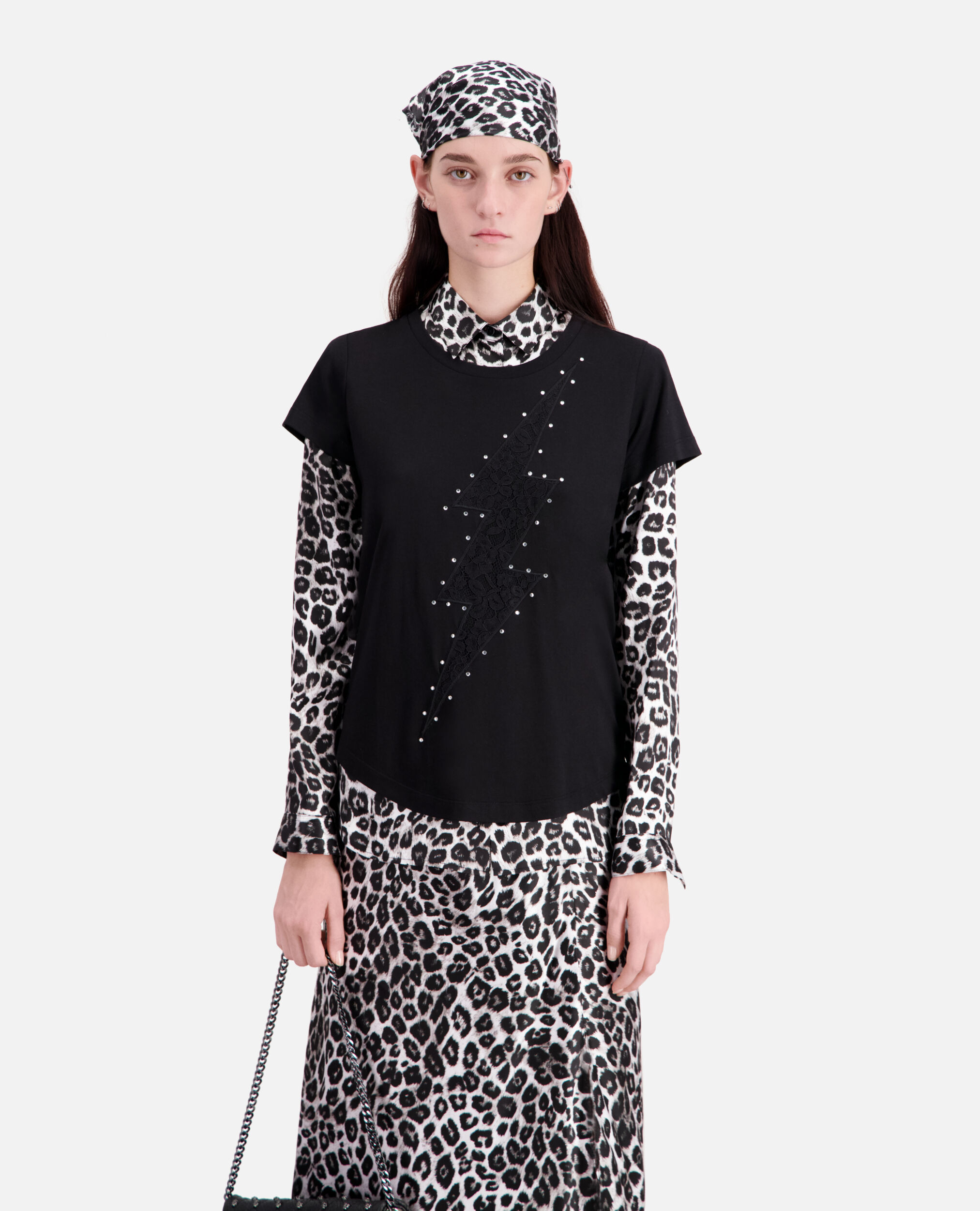 Black t-shirt with lace lightning, BLACK, hi-res image number null