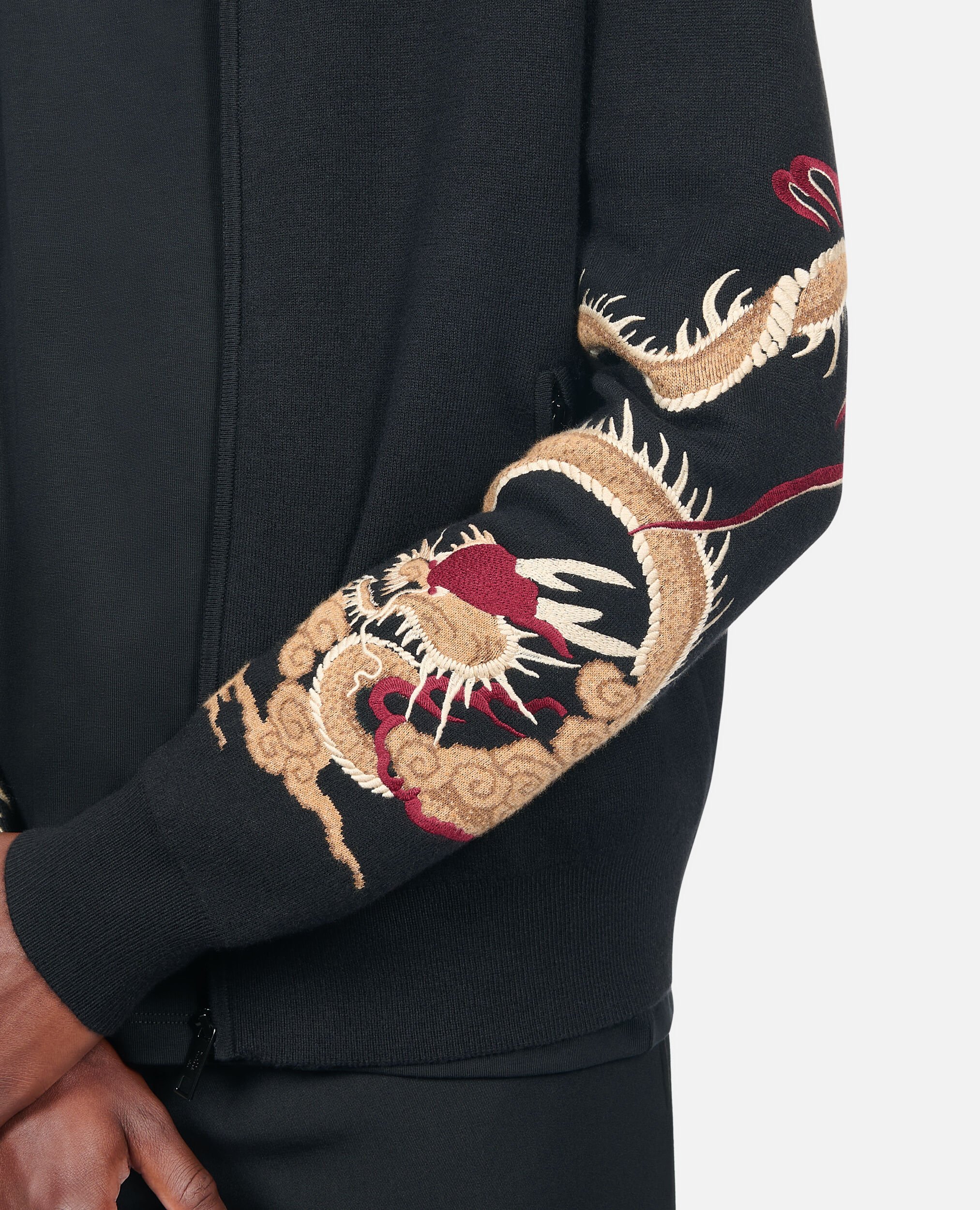 Black wool-blend cardigan with Dragon embroidery, BLACK, hi-res image number null
