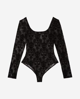 The Kooples WOMEN BLACK mesh bodysuit with black flocking