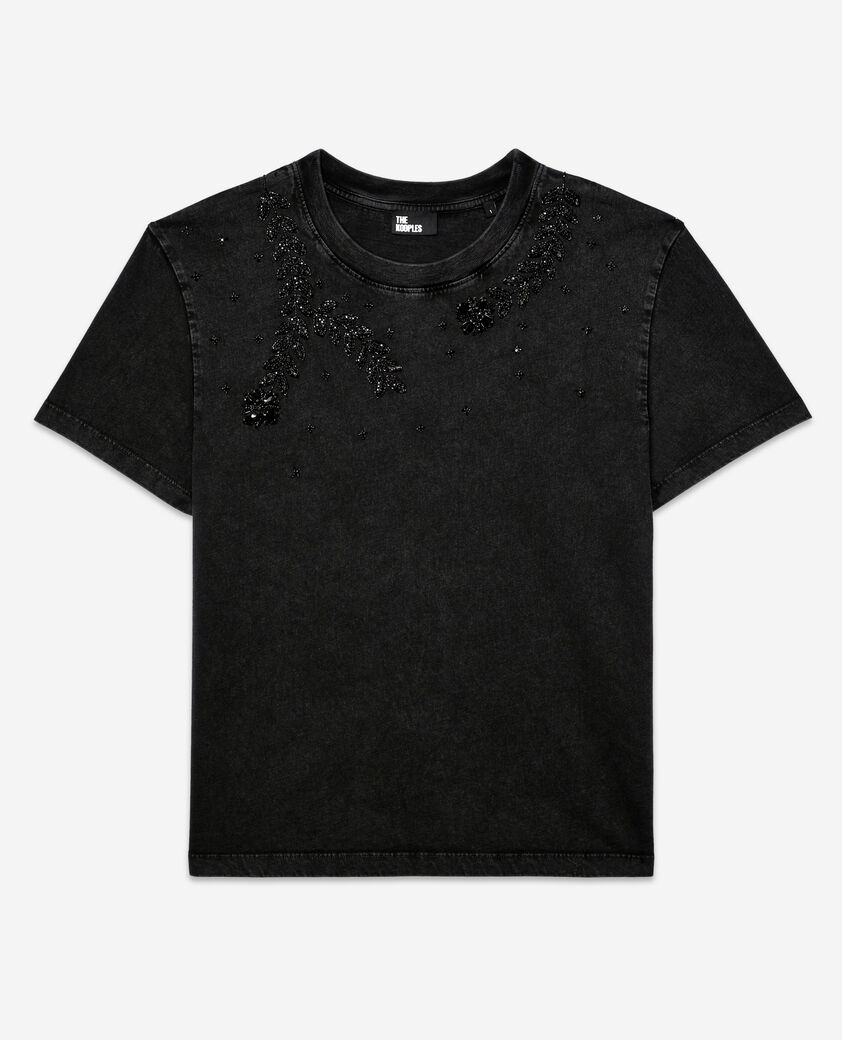 The Kooples WOMEN BLACK WASHED black t-shirt with bijou embroidery