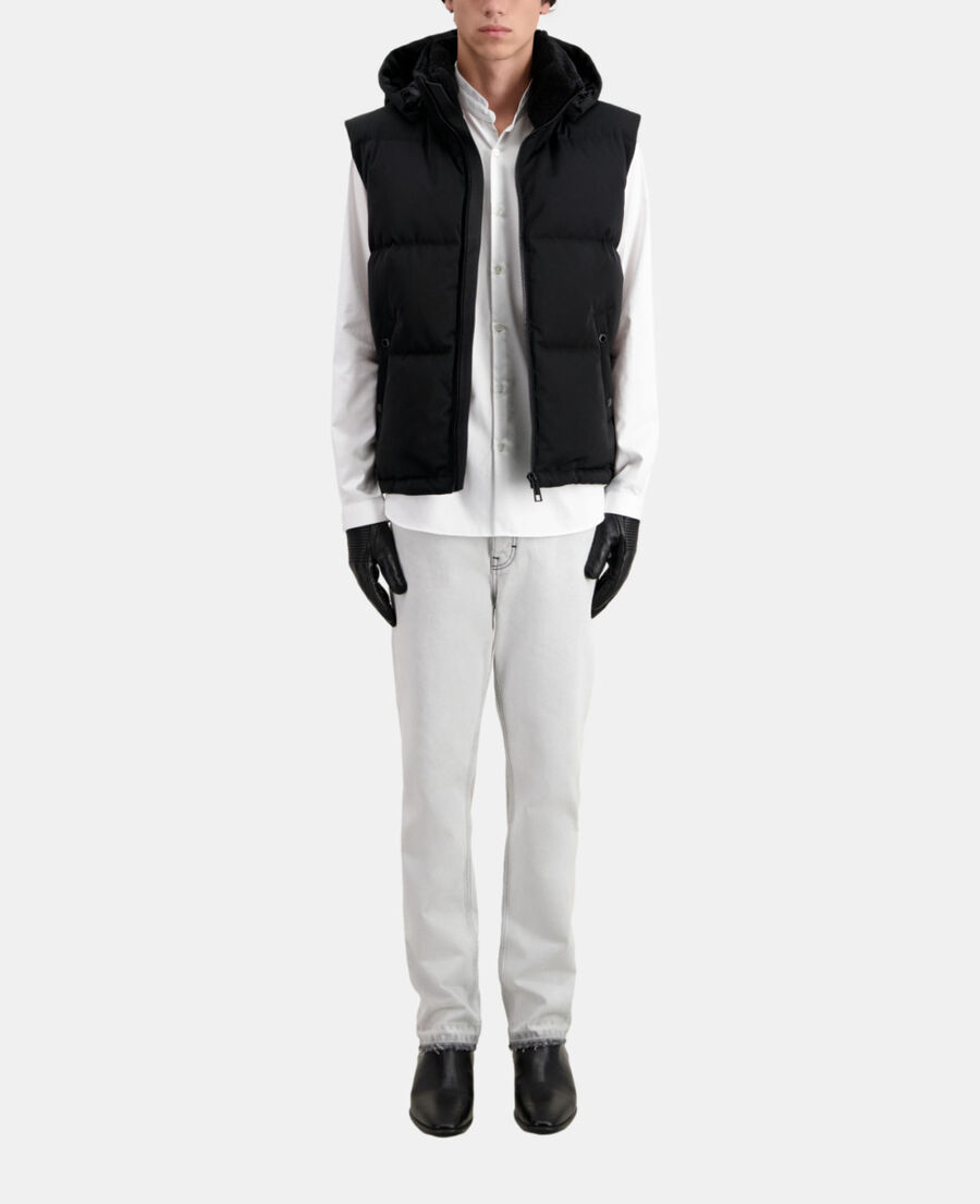 black sleeveless hooded puffer jacket