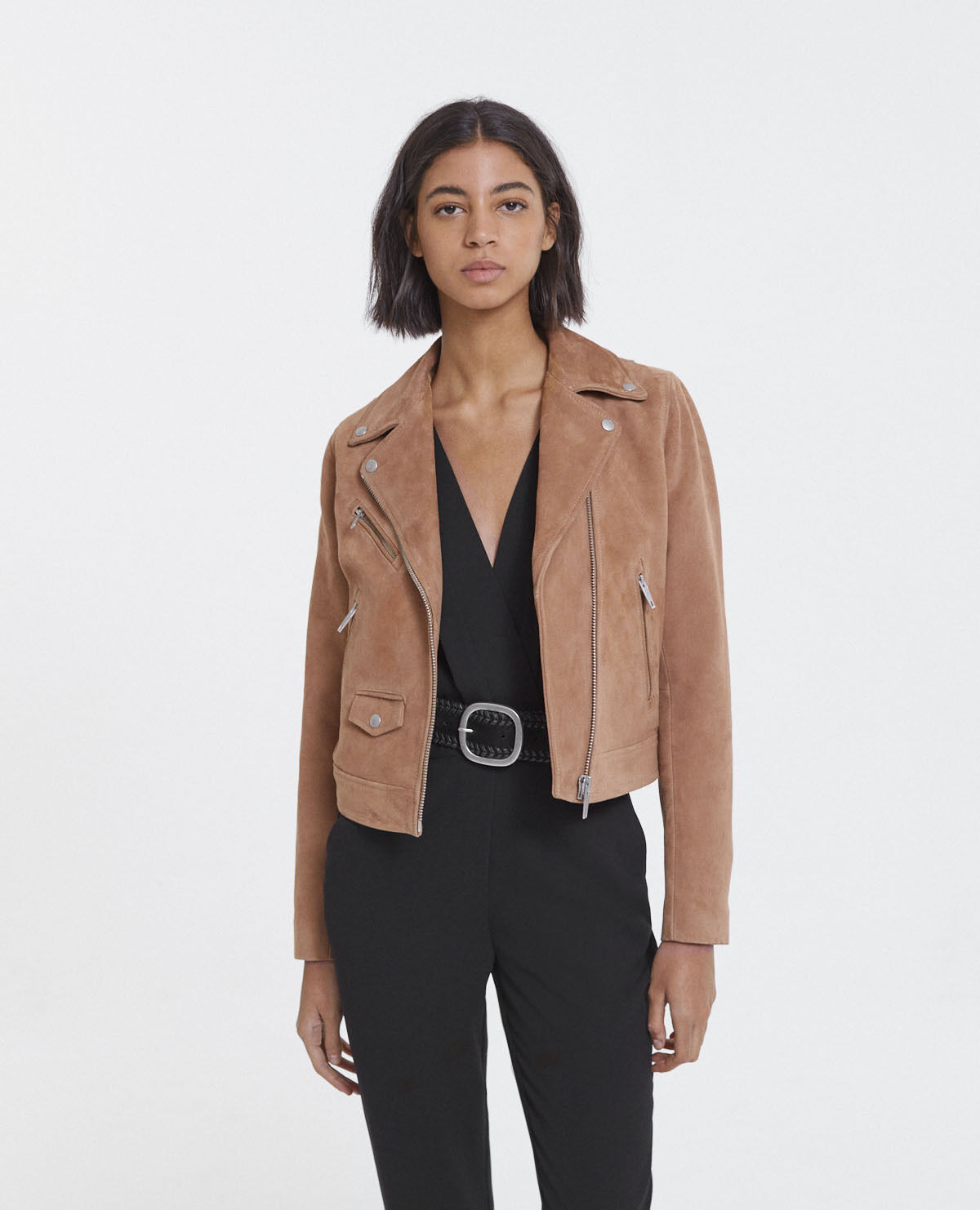 Womens tan suede biker jacket top