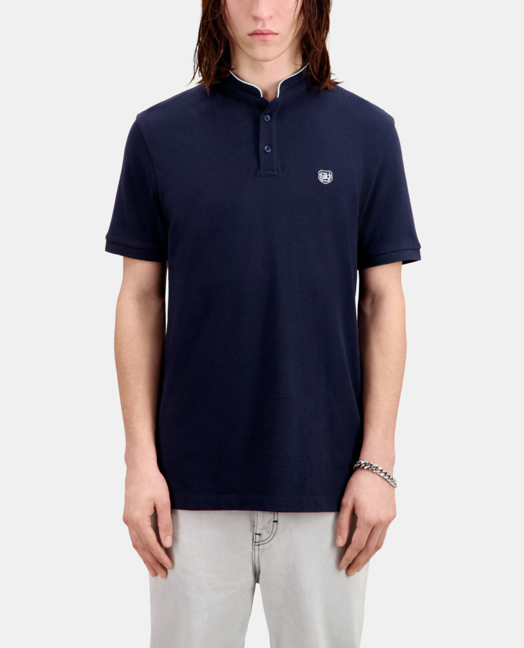 Navy blue cotton polo t-shirt, NAVY, hi-res image number null