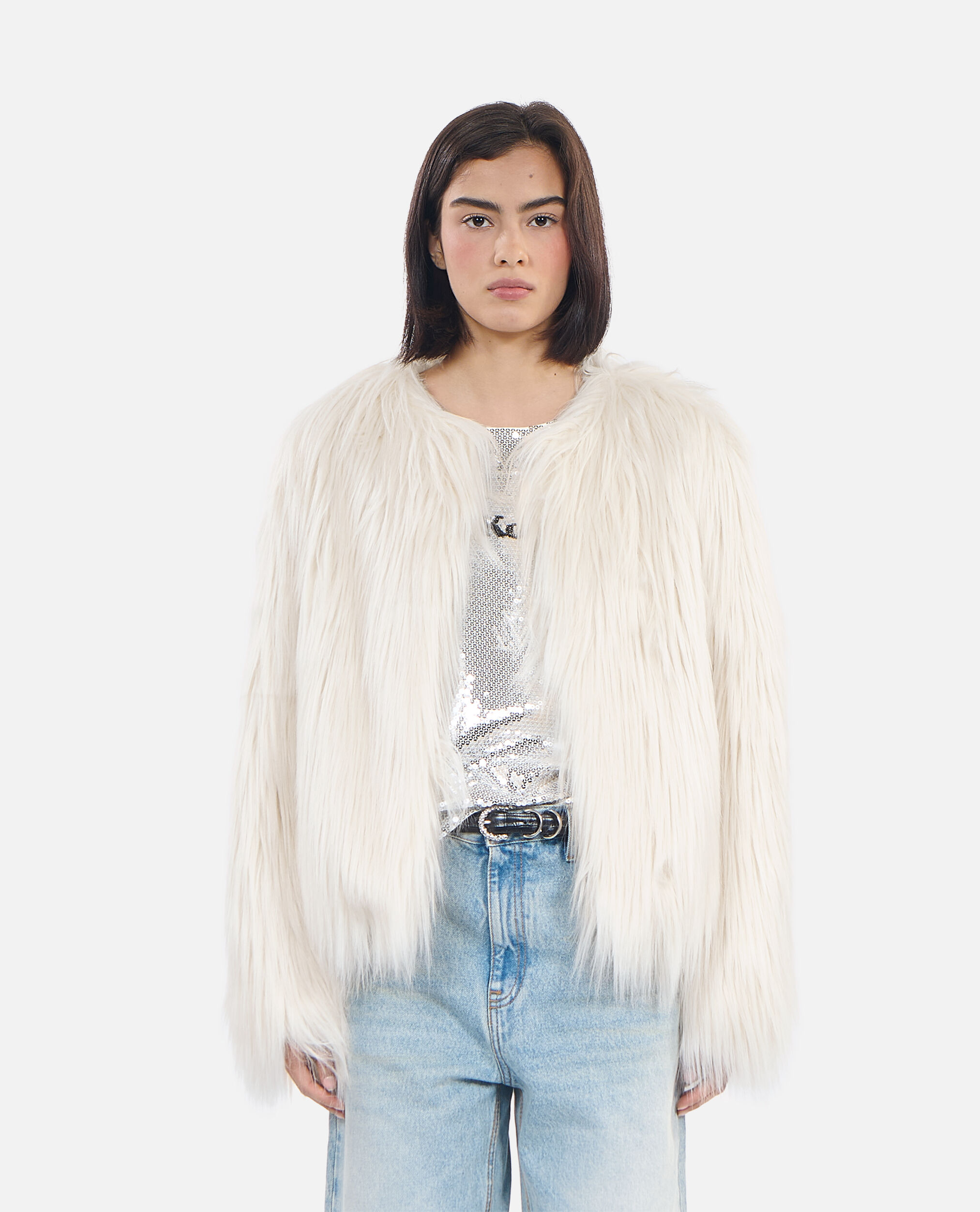 Ecru faux fur down jacket
