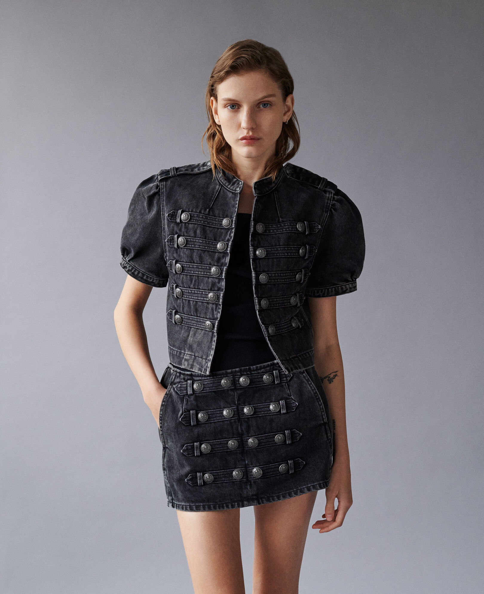 The Kooples WOMEN BLACK WASHED grey denim officer style jacket
