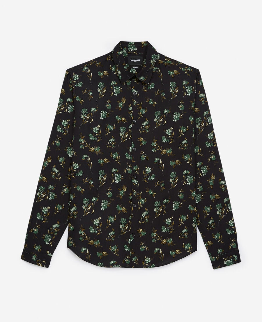 The Kooples MEN BLACK / GREEN flowing black shirt with green floral print