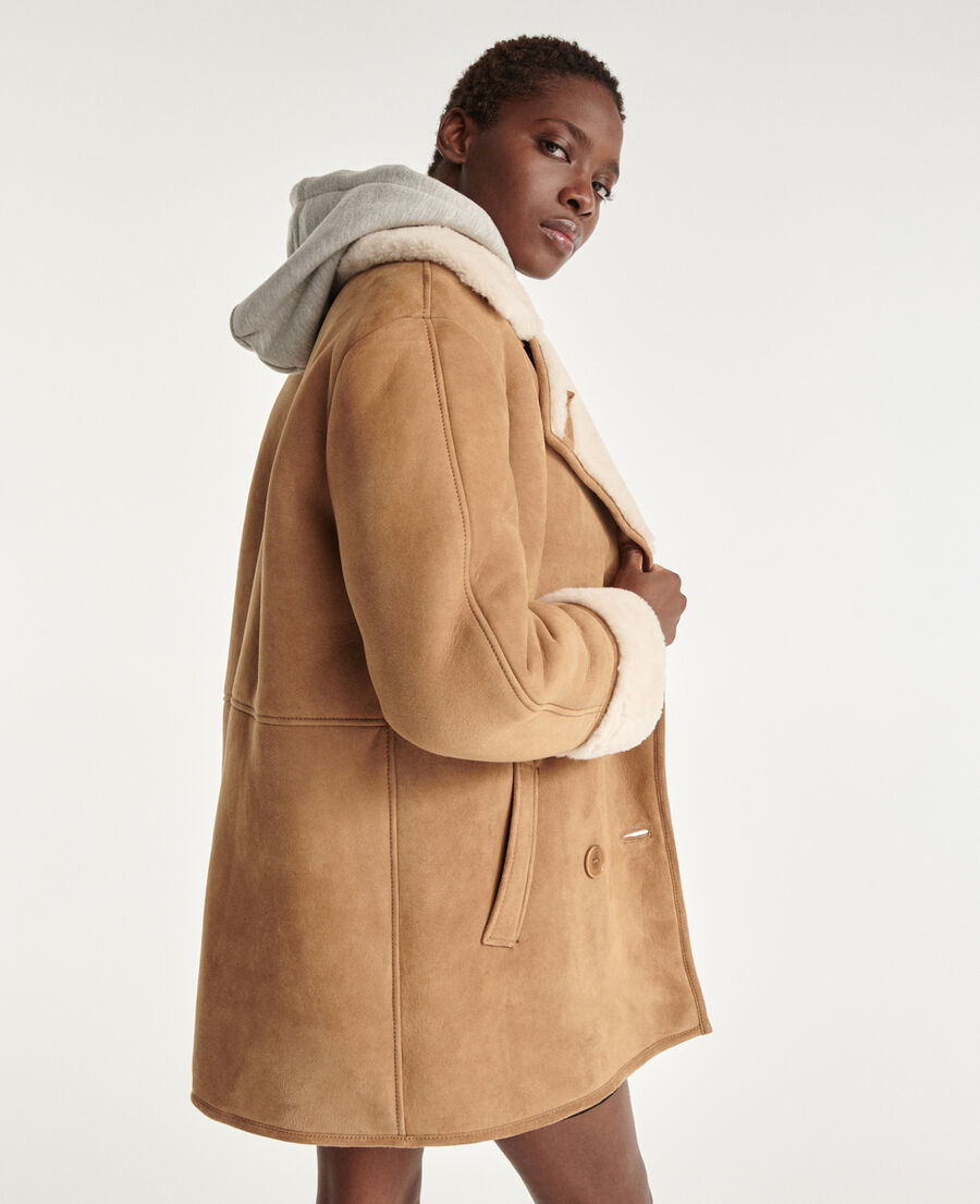 blouson peau lainée beige boutonné