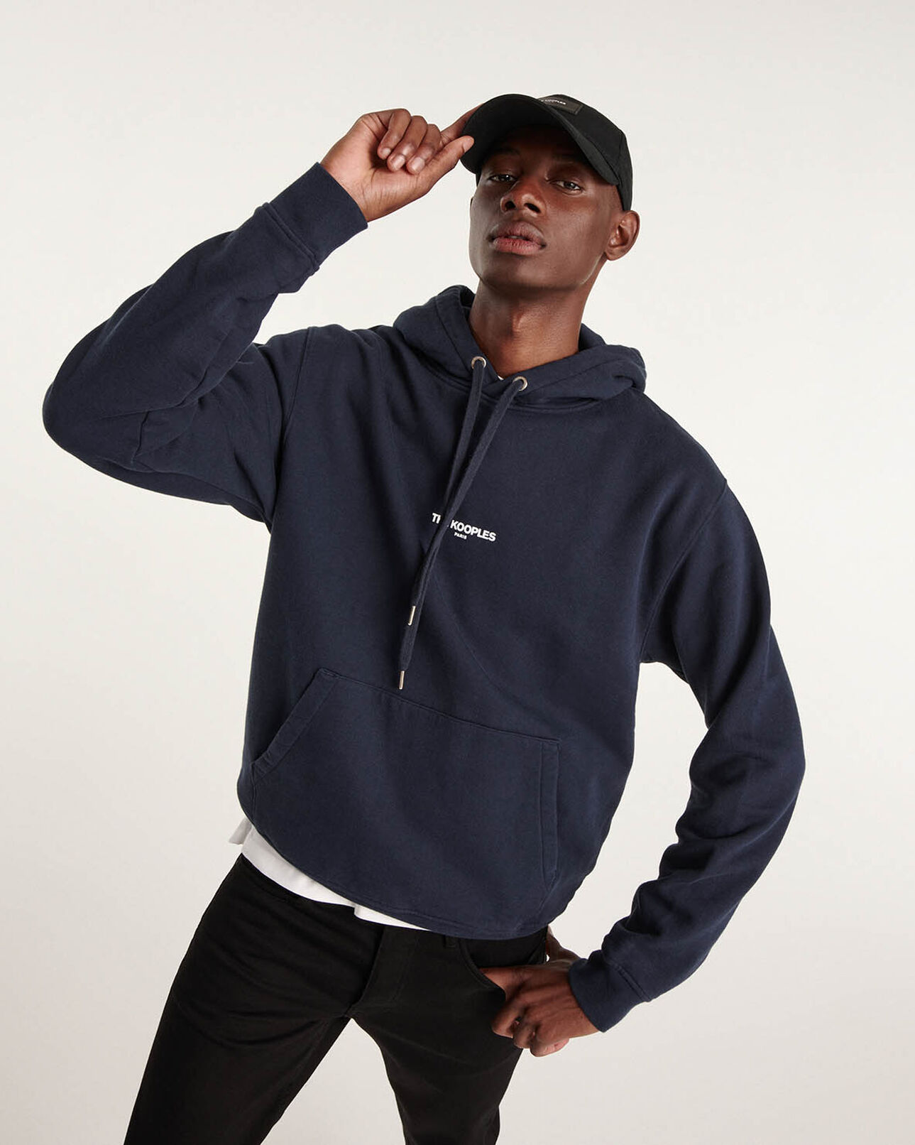 The Kooples HOMME NAVY sweat bleu marine à capuche imprimé