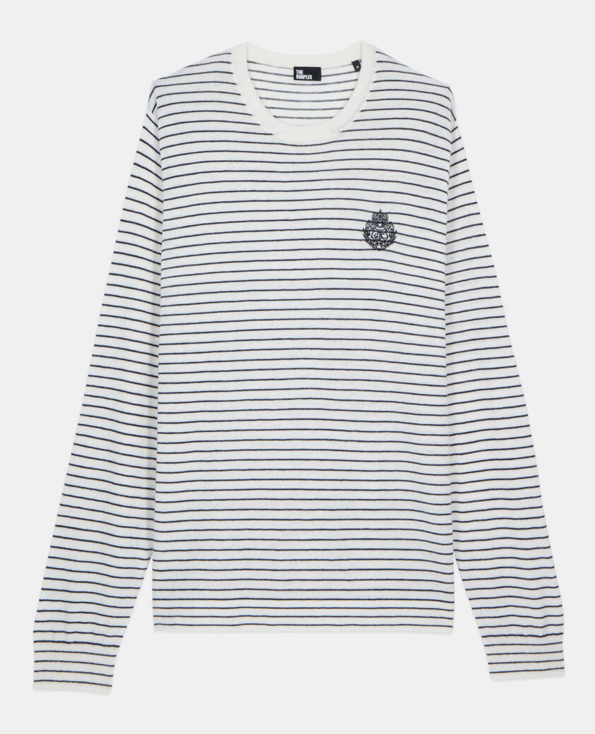 The Kooples HOMME WHITE / BLUE pull blason &agrave; rayures en laine et cachemire
