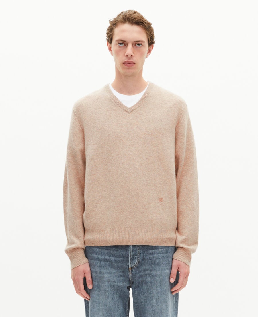 The Kooples HOMME BEIGE MELANGE pull col v en cachemire beige