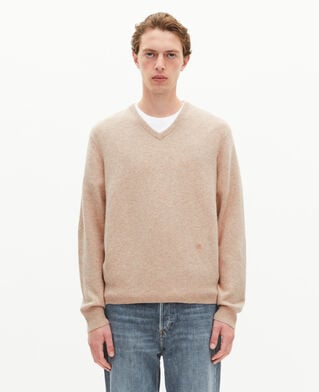 The Kooples HOMME BEIGE MELANGE pull col v en cachemire beige