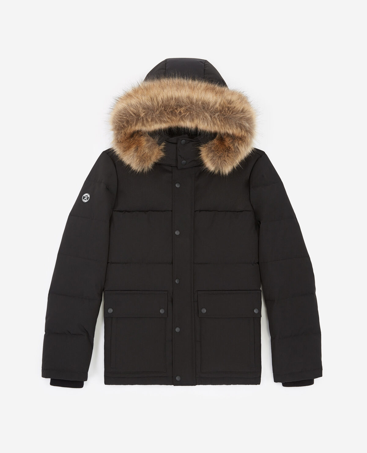 Black nylon down jacket with hood fur trim