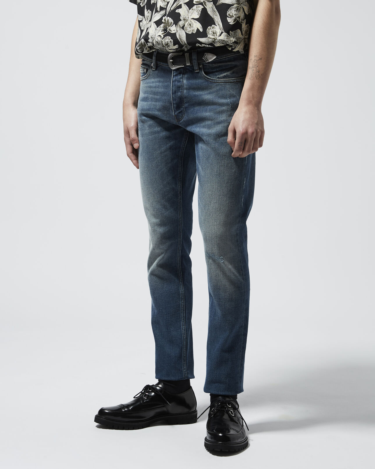 The Kooples MEN BLUE DENIM faded ripped blue jeans with leather tag