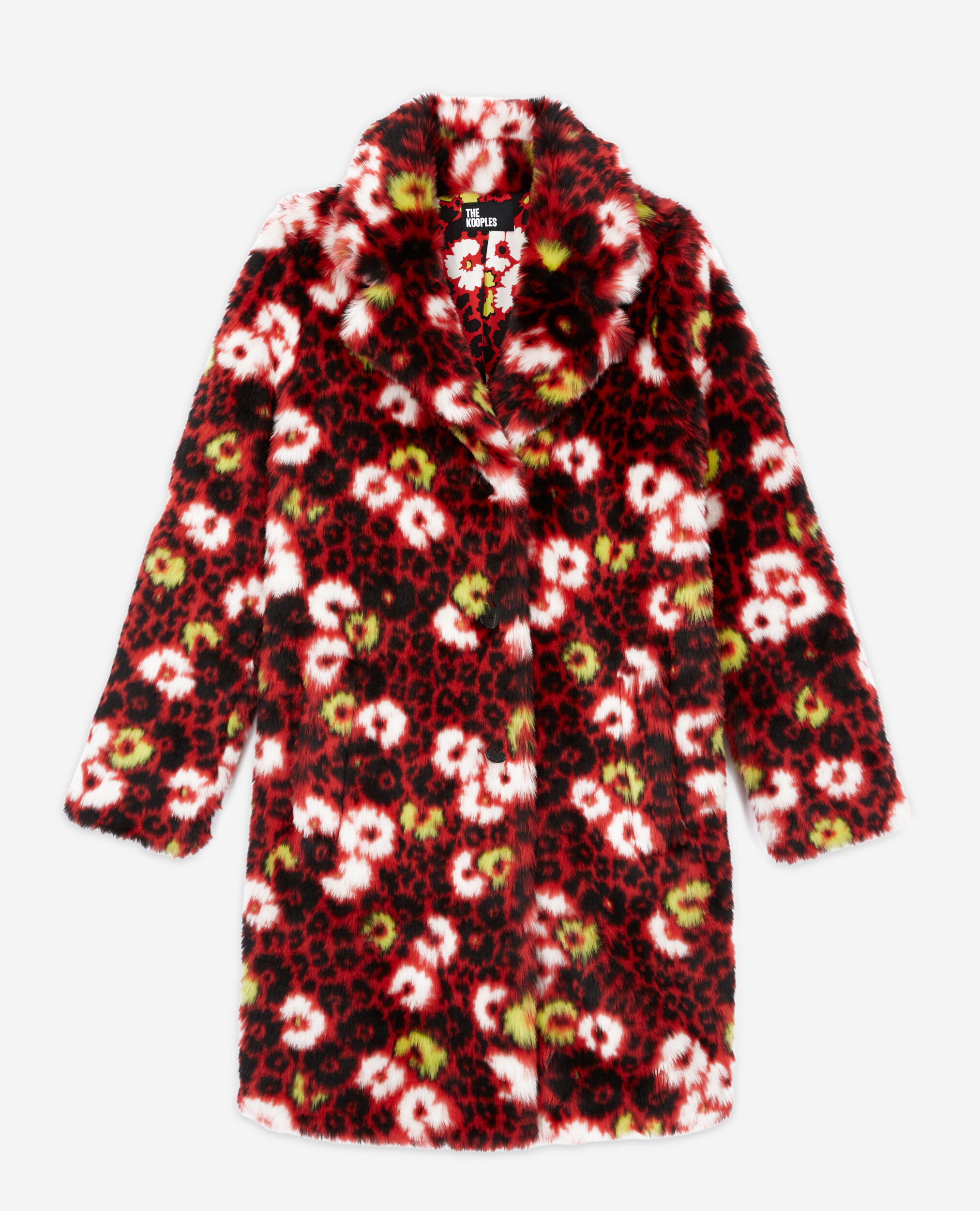 Patterned red faux fur coat