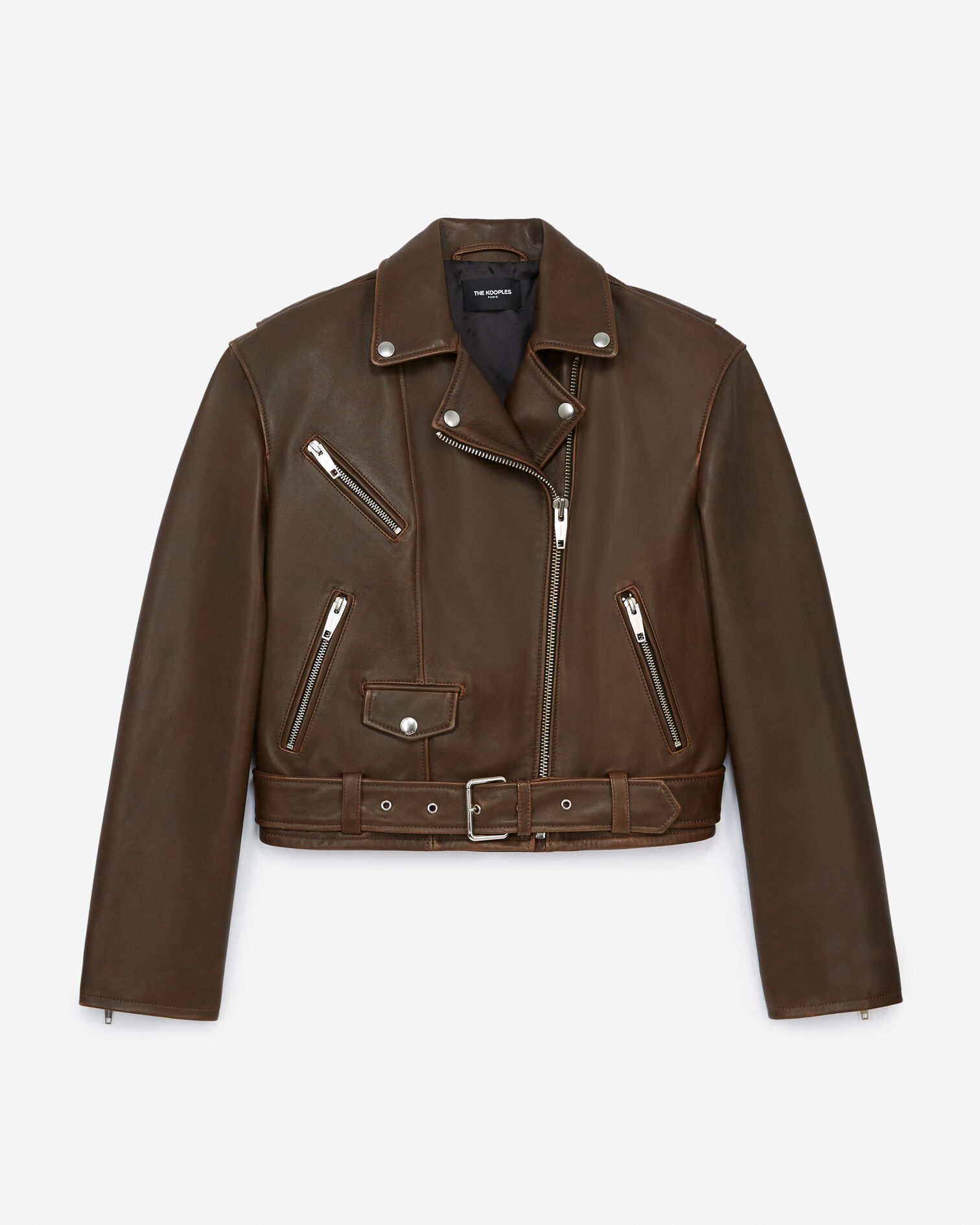 Zipped brown aged-effect leather jacket, BLACK VINTAGE, hi-res image number null