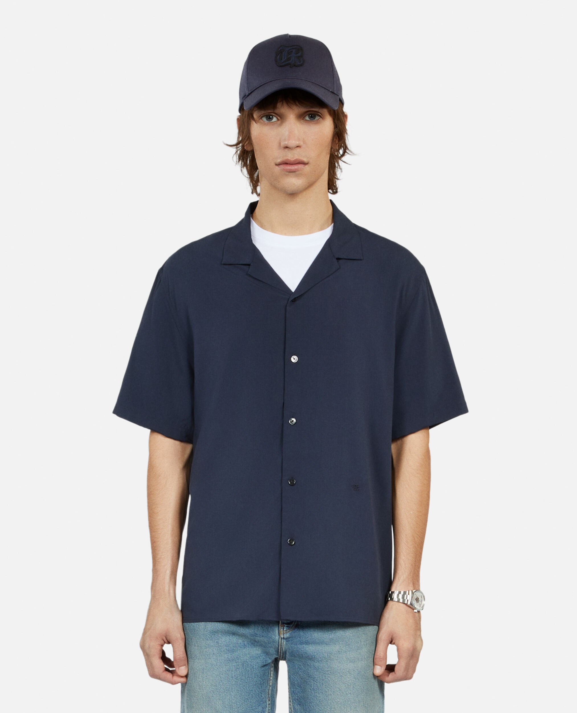 Navy blue short-sleeved shirt, NAVY, hi-res image number null