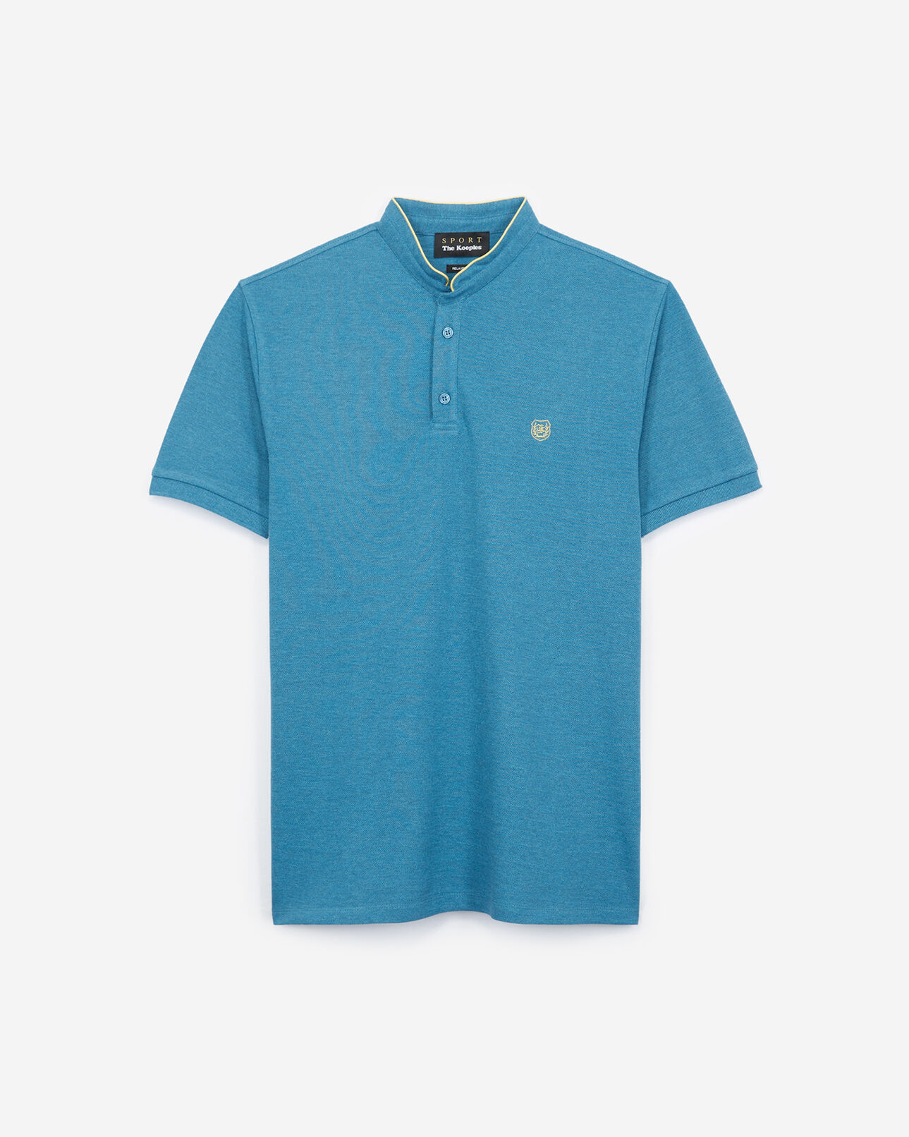 The Kooples MEN BLEU CHINE / SUN YELLOW heather blue polo shirt with stand-up collar and yellow piping