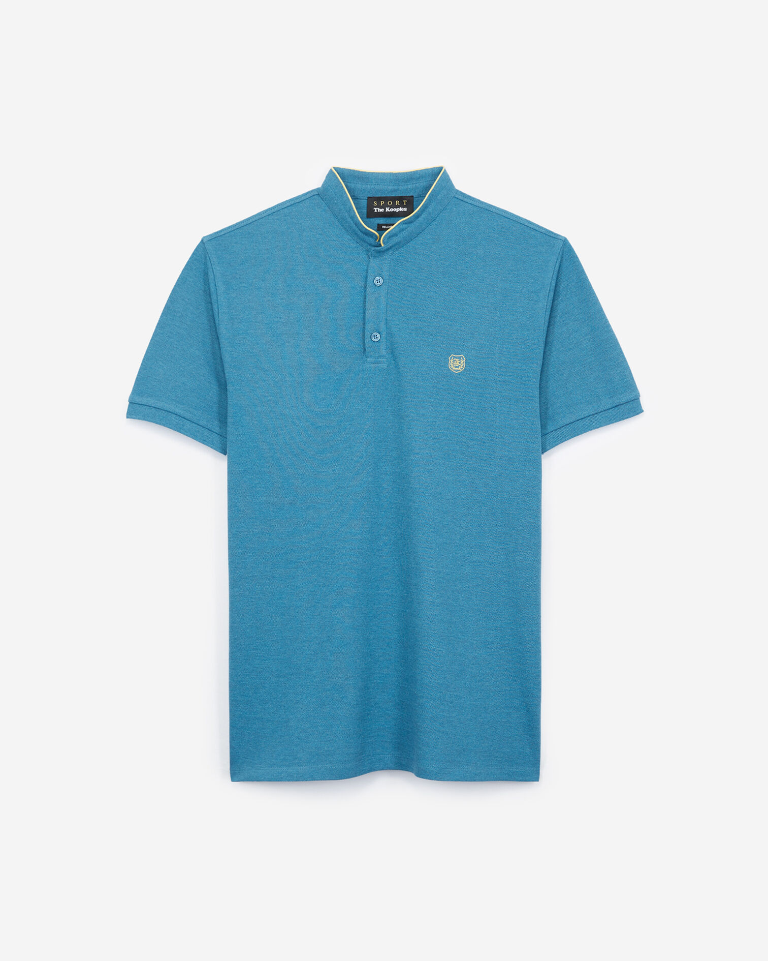Heather blue polo shirt with stand-up collar and yellow piping, BLEU CHINE / SUN YELLOW, hi-res image number null