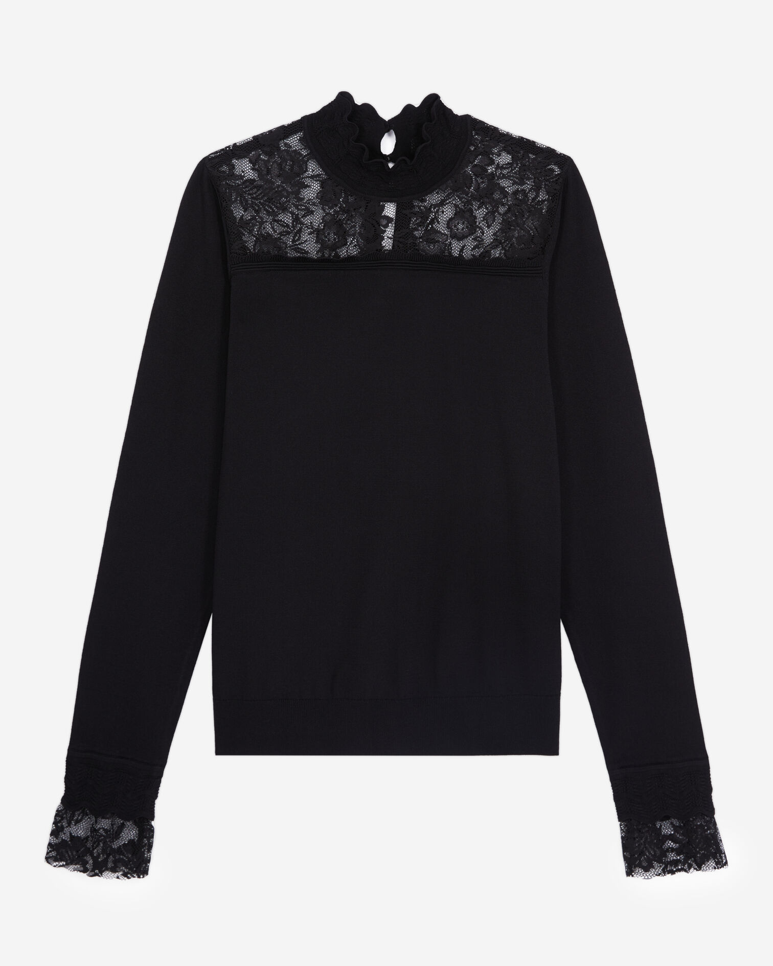 Pull noir avec détails en dentelle, BLACK, hi-res image number null