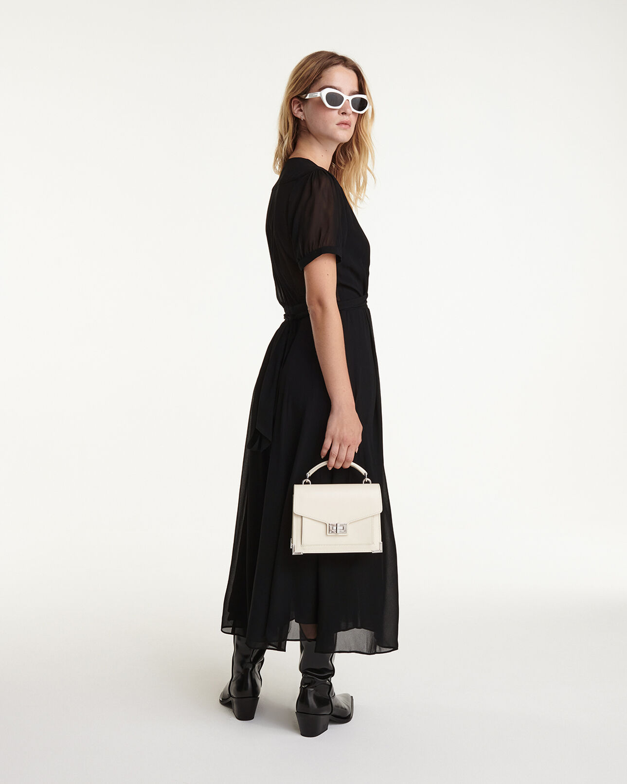 The Kooples DAMEN BLACK langes schwarzes kleid taillengürtel