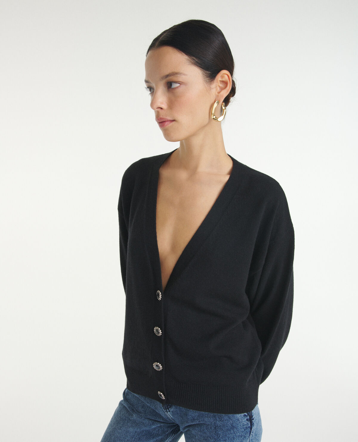 Black wool cardigan with jewel buttons