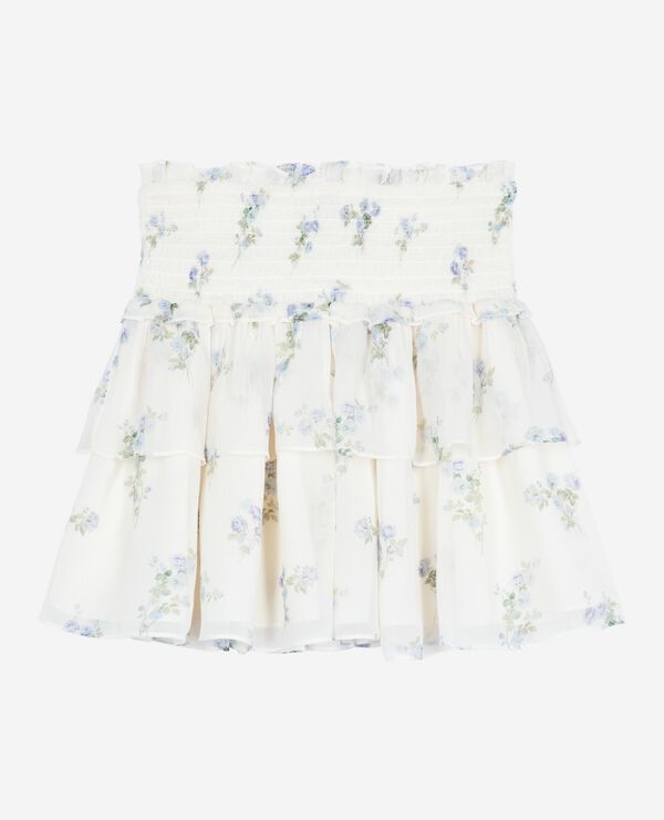 The Kooples FEMME WHITE / SKY BLUE jupe courte à volants imprimé fleuri blanc