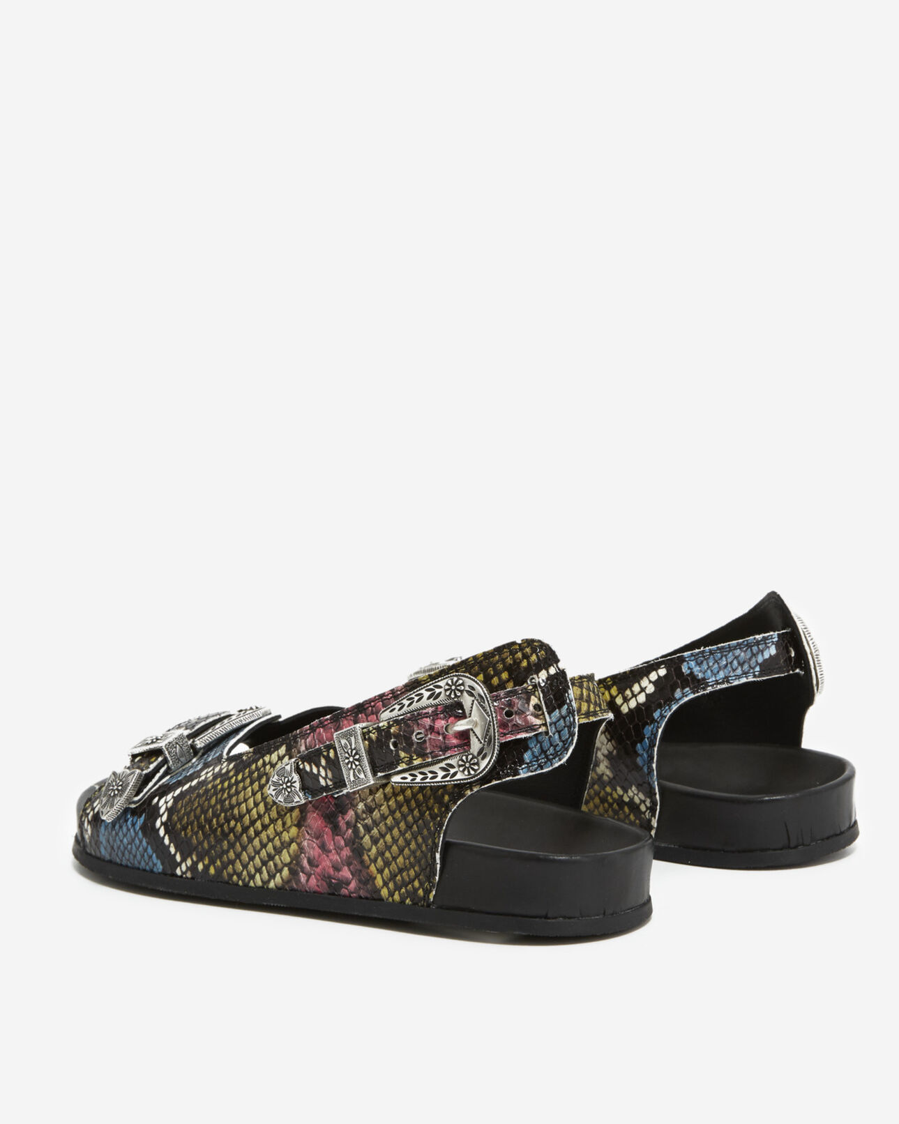 The Kooples FEMME BLACK/ PINK/ YELLOW sandales plates cuir effet serpent coloré