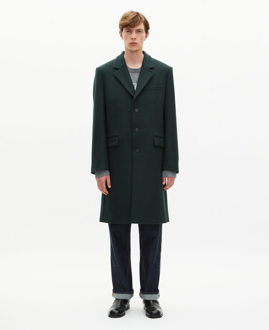The Kooples MEN BOTTLE GREEN dark green leather lapel collar wool coat