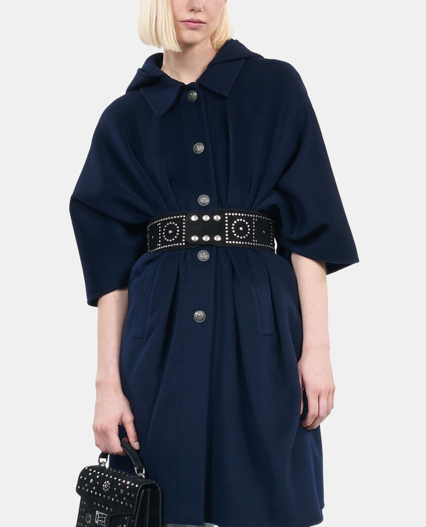 The Kooples DAMEN NAVY langes, marineblaues wollcape mit kapuze
