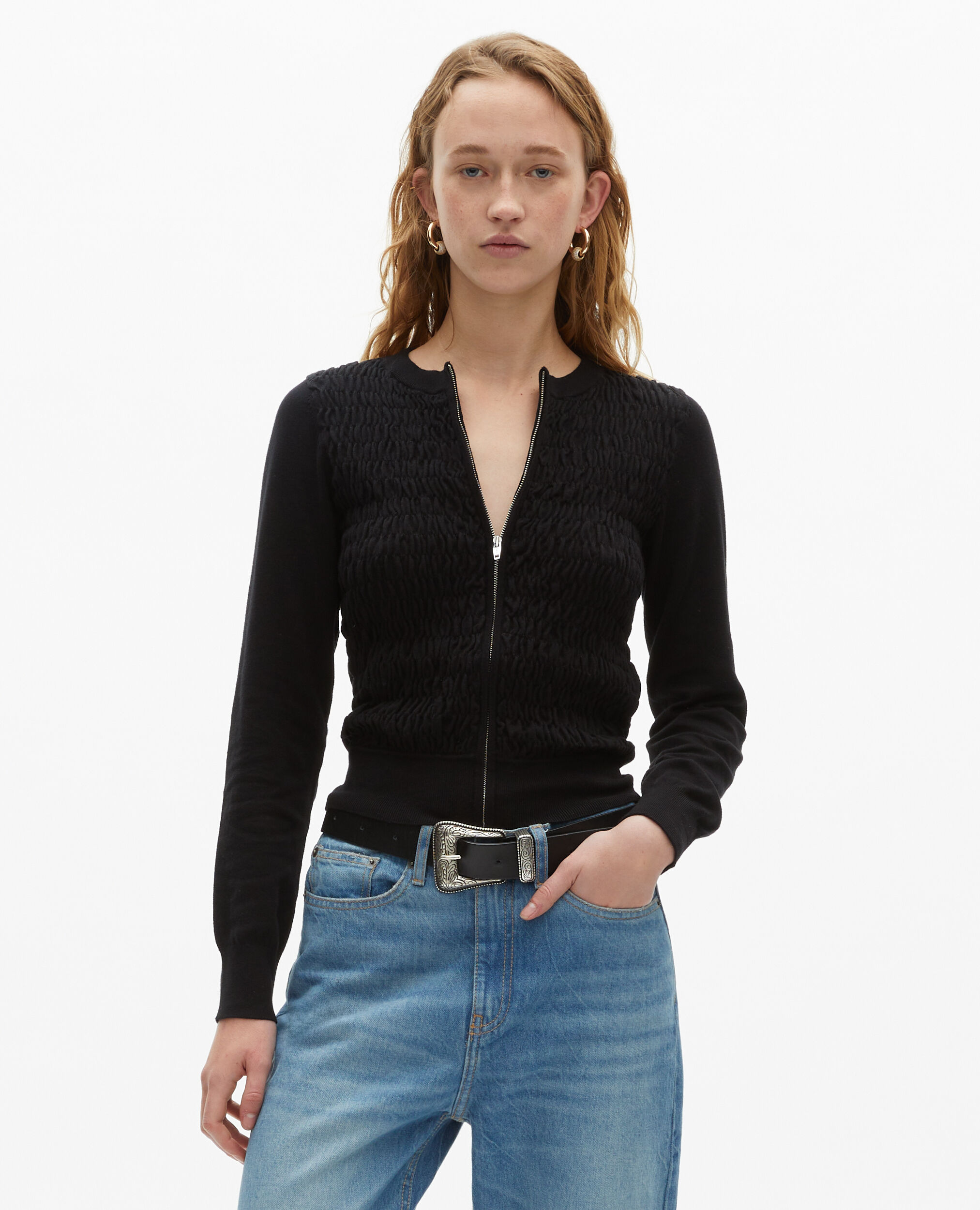 Black zipped cotton cardigan, BLACK, hi-res image number null